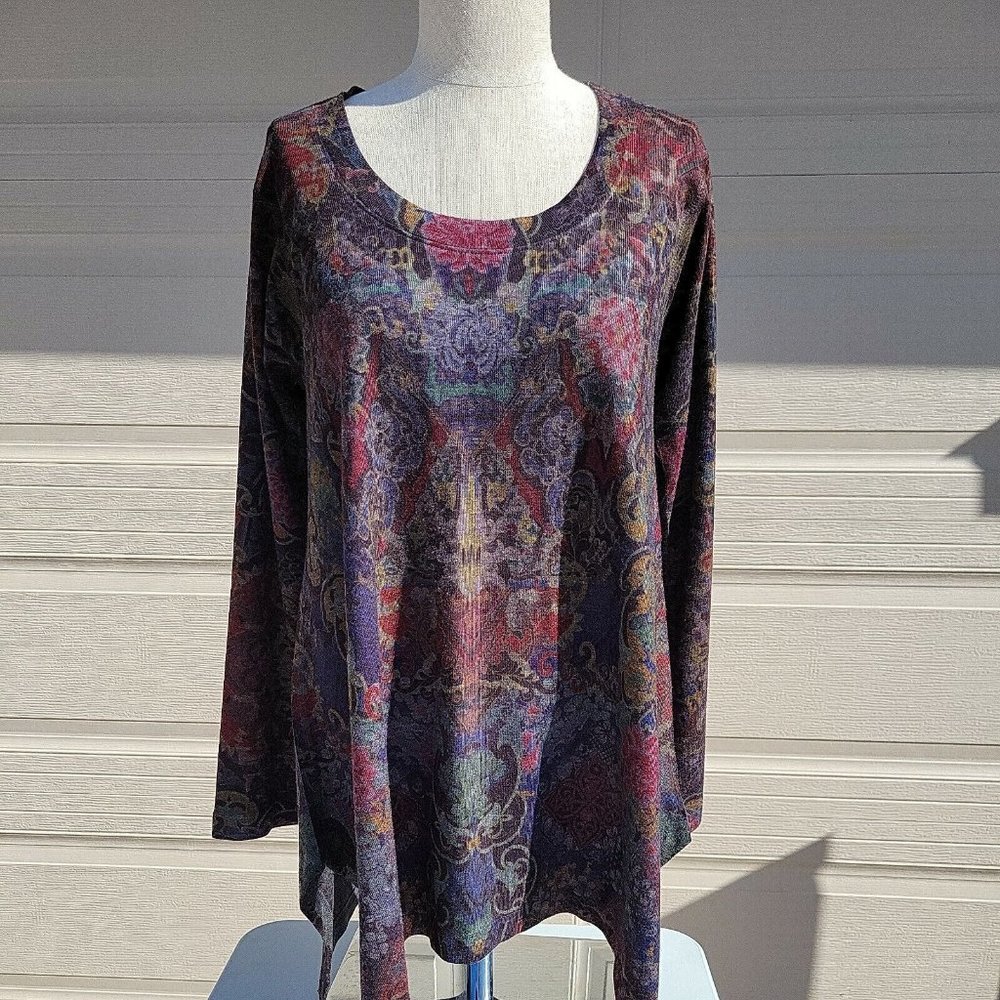 Soft Surroundings Light Knit Tunic Sweater Women's XS Floral Long Sleeve Damask